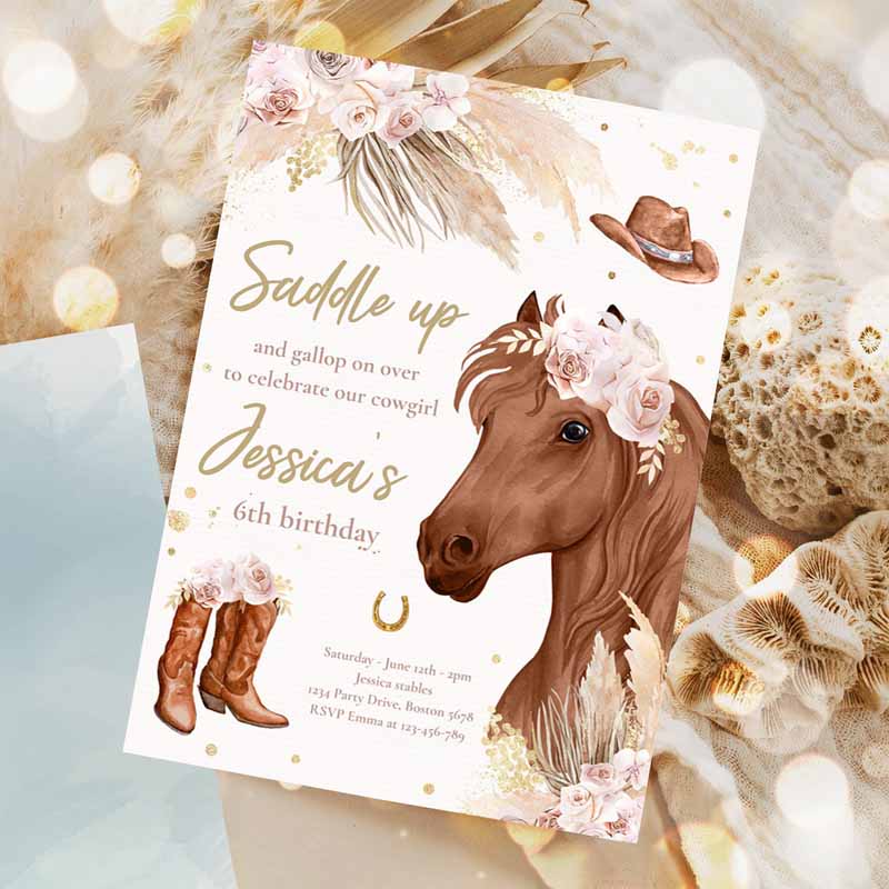 Cowgirl Kids Birthday Invitation, Boho Horse Kids Birthday Party, Invite Muted Pink Tone Pampas Grass Cowgirl Horse Party Invitation