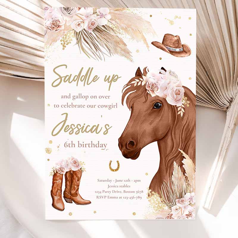 Cowgirl Kids Birthday Invitation, Boho Horse Kids Birthday Party, Invite Muted Pink Tone Pampas Grass Cowgirl Horse Party