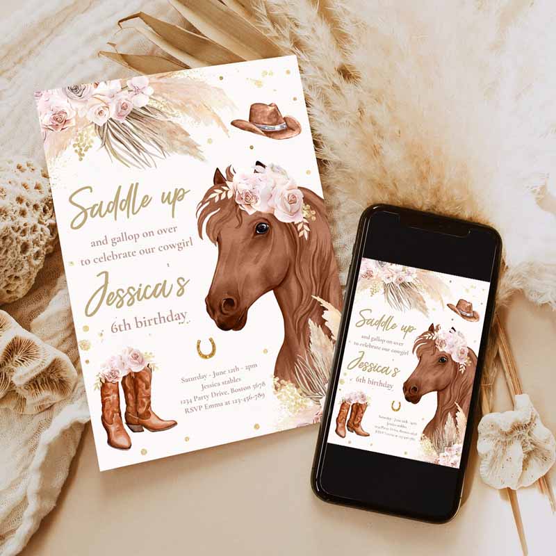 Cowgirl Kids Birthday Invitation, Boho Horse Kids Birthday Party, Invite Muted Pink Tone Pampas Grass Cowgirl Horse Party