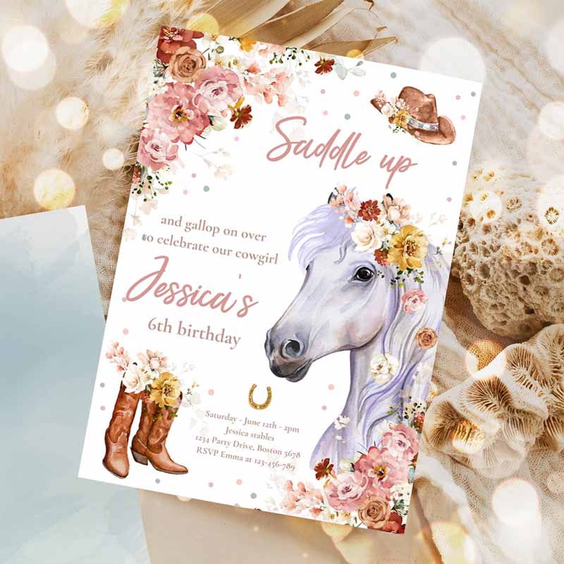 Cowgirl Kids Birthday Invitation, Horse Kids Birthday, Wildflower Fall Floral Cowgirl Horse Kids Birthday