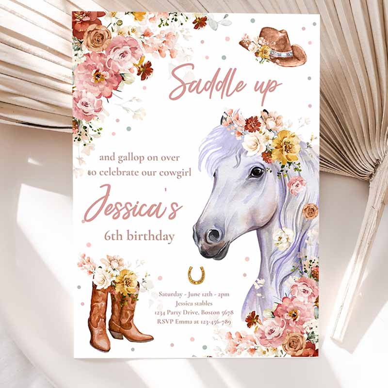 Cowgirl Kids Birthday Invitation, Horse Kids Birthday, Wildflower Fall Floral Cowgirl Horse Kids Birthday