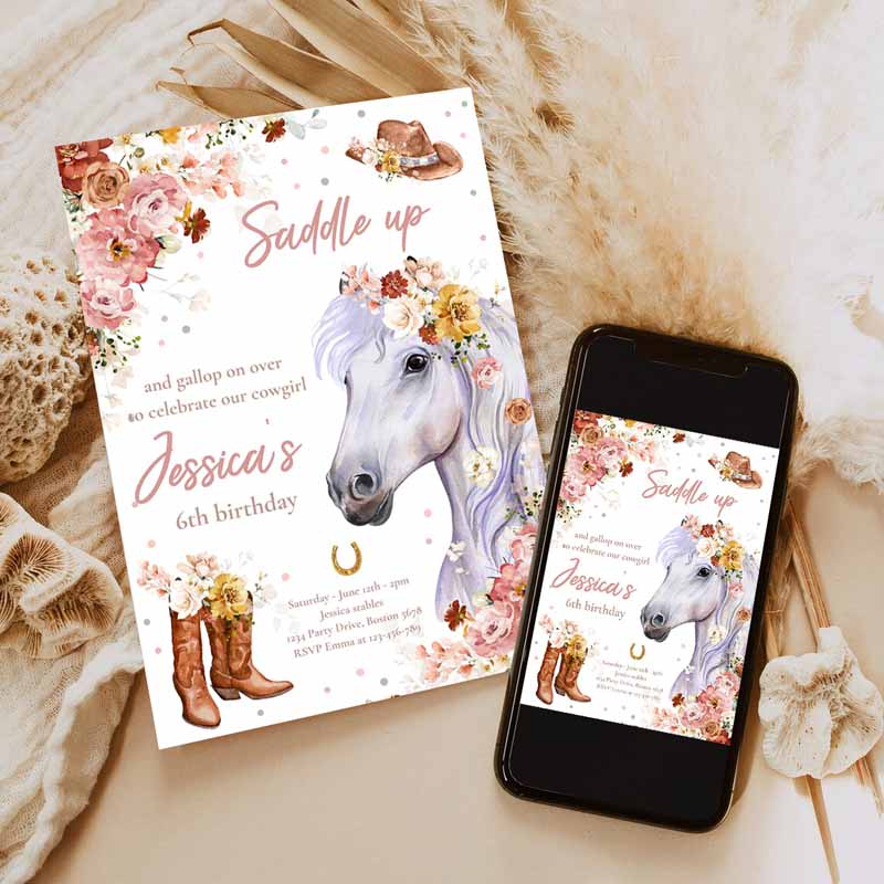 Cowgirl Kids Birthday Invitation, Horse Kids Birthday, Wildflower Fall Floral Cowgirl Horse Kids Birthday