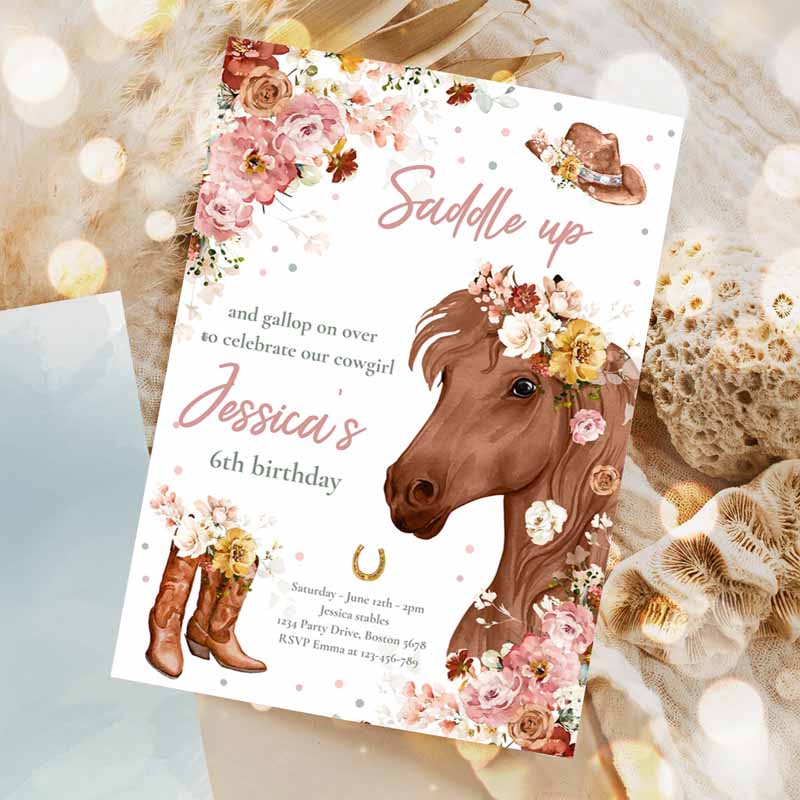 Cowgirl Kids Birthday Invitation, Horse Kids Birthday, Wildflower Fall Floral Cowgirl Horse Kids Birthday Party