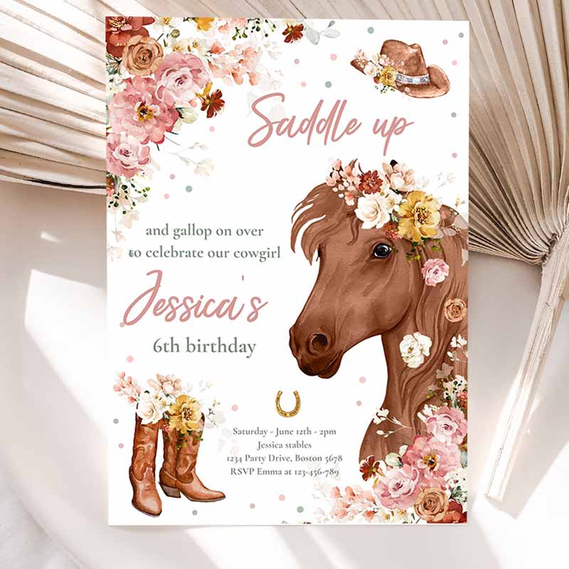 Cowgirl Kids Birthday Invitation, Horse Kids Birthday, Wildflower Fall Floral Cowgirl Horse Kids Birthday Party