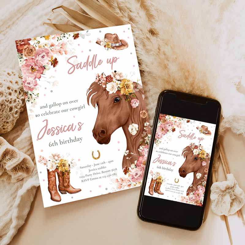 Cowgirl Kids Birthday Invitation, Horse Kids Birthday, Wildflower Fall Floral Cowgirl Horse Kids Birthday Party