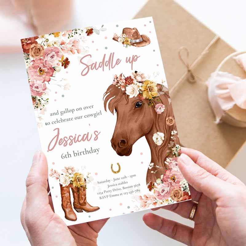 Cowgirl Kids Birthday Invitation, Horse Kids Birthday, Wildflower Fall Floral Cowgirl Horse Kids Birthday Party