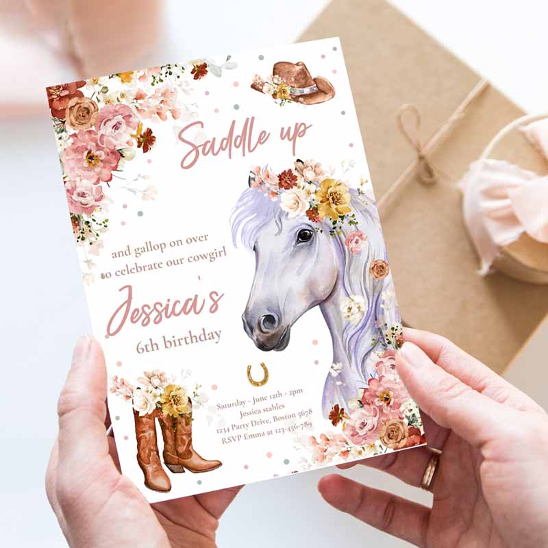 Cowgirl Kids Birthday Invitation, Horse Kids Birthday, Wildflower Fall Floral Cowgirl Horse Kids Birthday