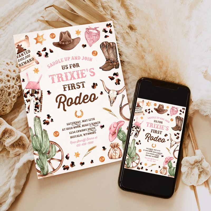 Cowgirl Kids Birthday Invitation, Wild West Cowgirl Rodeo Kids Birthday Party, Southwestern Ranch Kids Birthday Party