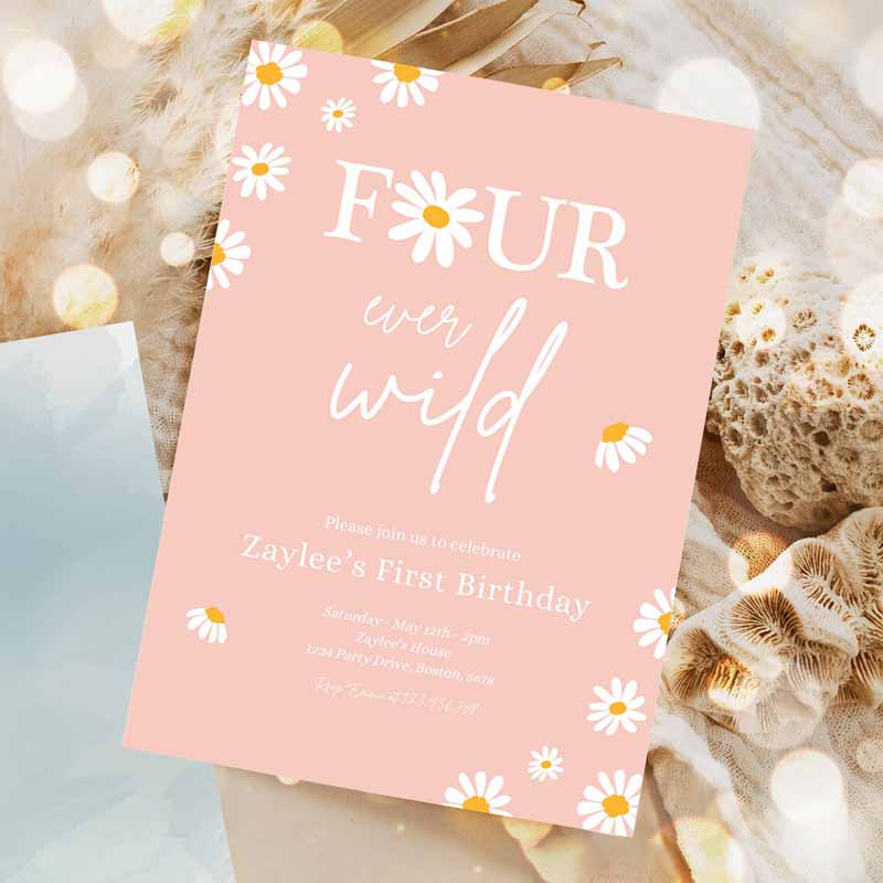 Daisy Kids Birthday, Boho Daisy Four Ever Wild Kids Birthday, Bohemian Daisy Floral Groovy Party Invitation