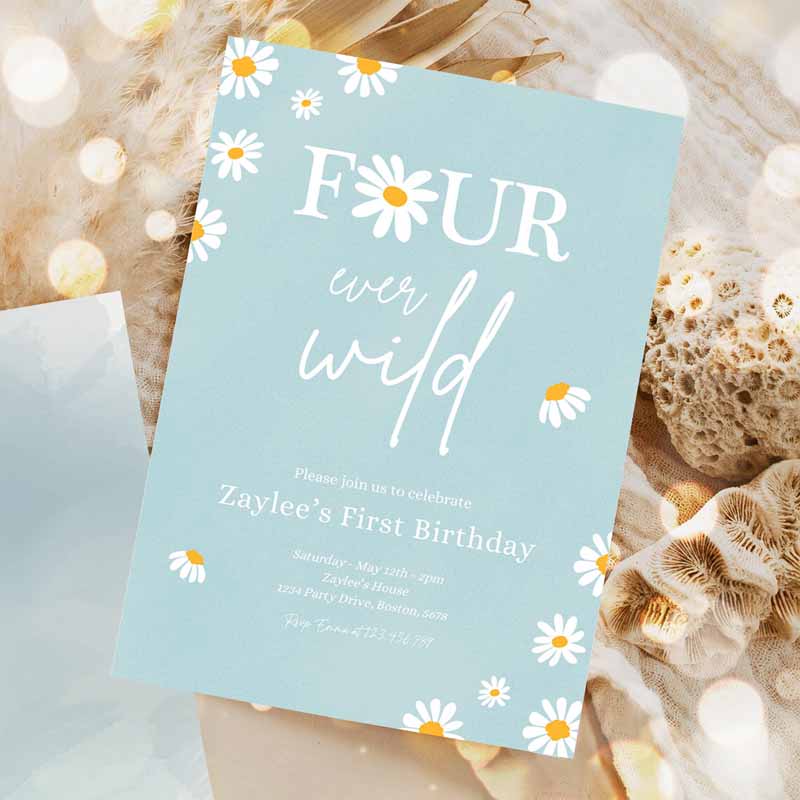 Daisy Kids Birthday, Boho Daisy Four Ever Wild Kids Birthday, Bohemian Daisy Floral Groovy Party Invitation