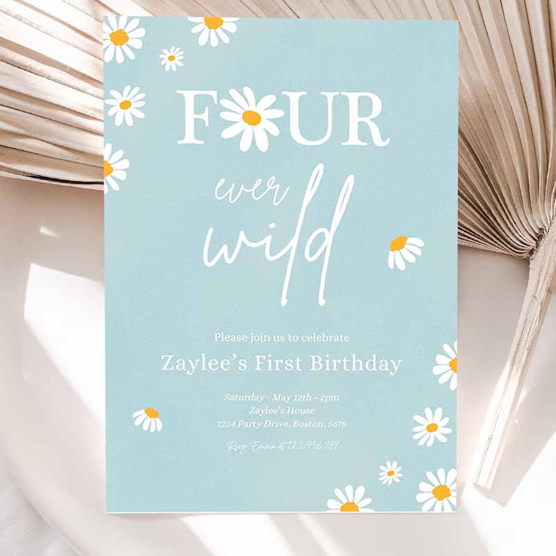 Daisy Kids Birthday, Boho Daisy Four Ever Wild Kids Birthday, Bohemian Daisy Floral Groovy Party Invitation