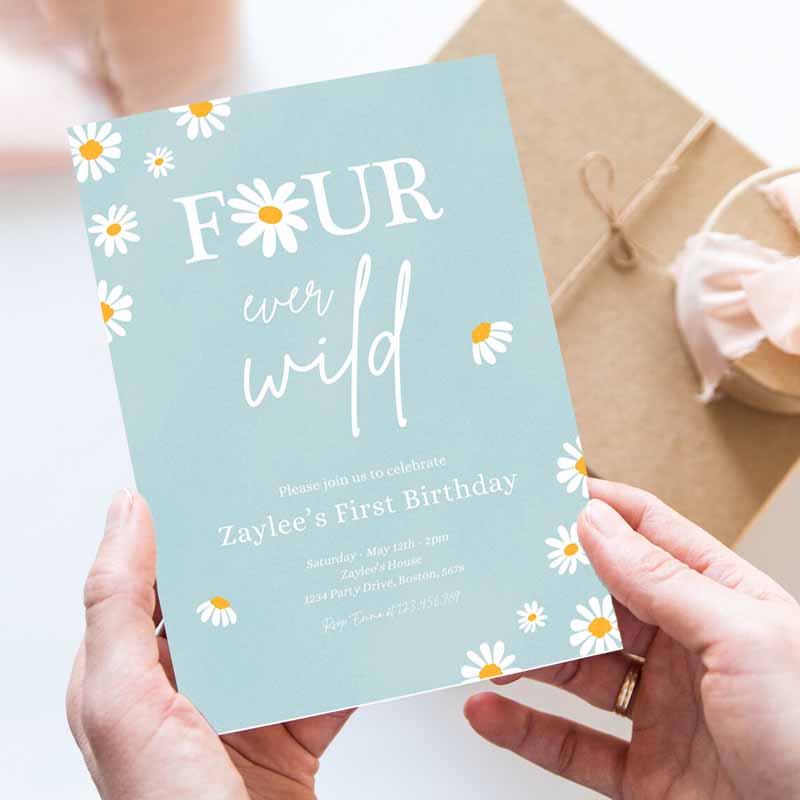 Daisy Kids Birthday, Boho Daisy Four Ever Wild Kids Birthday, Bohemian Daisy Floral Groovy Party Invitation