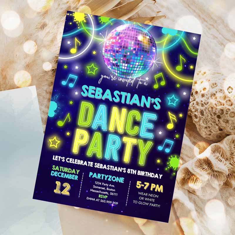 Dance Party Invitation, Glow Dance Party, Kids Birthday Invitation, Neon Glow Disco Party, Glow Dance Disco Party Invitation