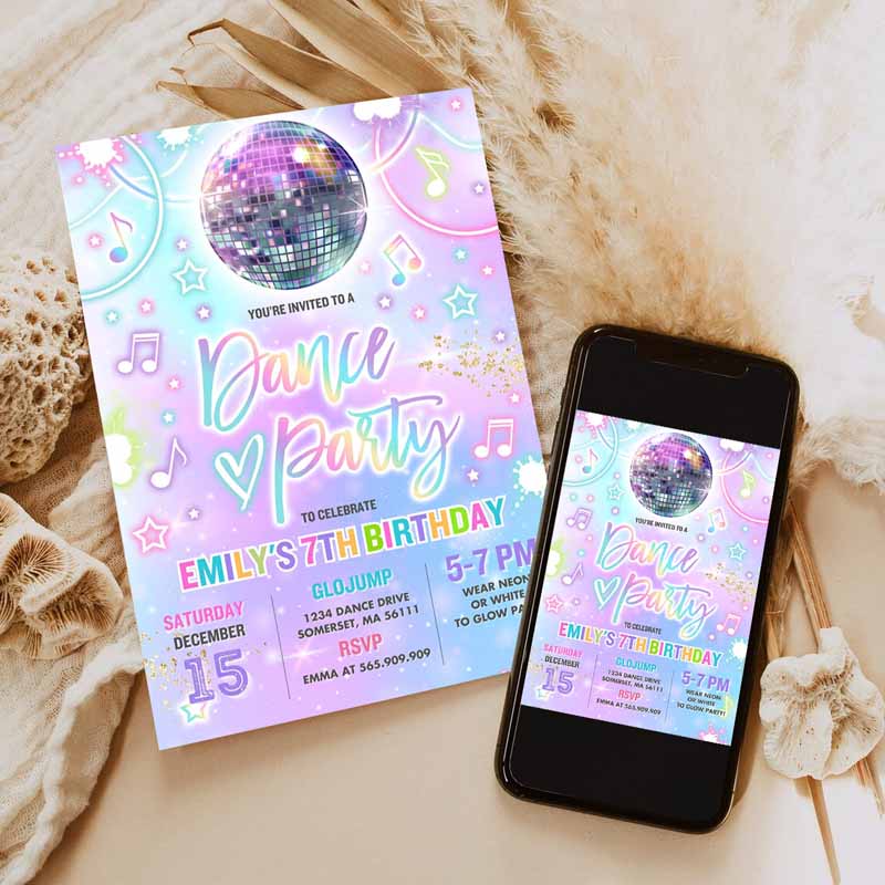 Dance Party Invitation, Tie Dye Dance Party Invitation, Glow Tie Dye Dance Party, Neon Glow Disco Dance Party