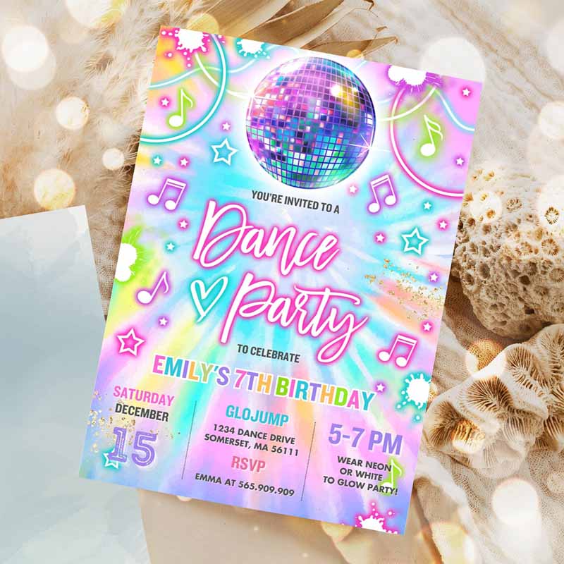 Dance Party Invitation, Tie Dye Dance Party Invitation, Glow Tie Dye Dance Party, Neon Glow Disco Dance Party