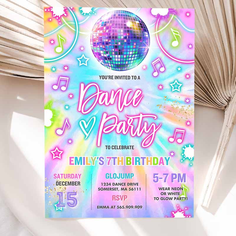 Dance Party Invitation, Tie Dye Dance Party Invitation, Glow Tie Dye Dance Party, Neon Glow Disco Dance Party