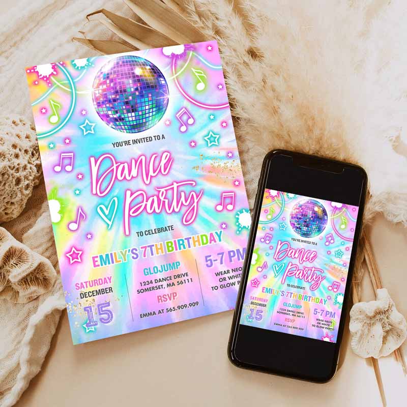 Dance Party Invitation, Tie Dye Dance Party Invitation, Glow Tie Dye Dance Party, Neon Glow Disco Dance Party