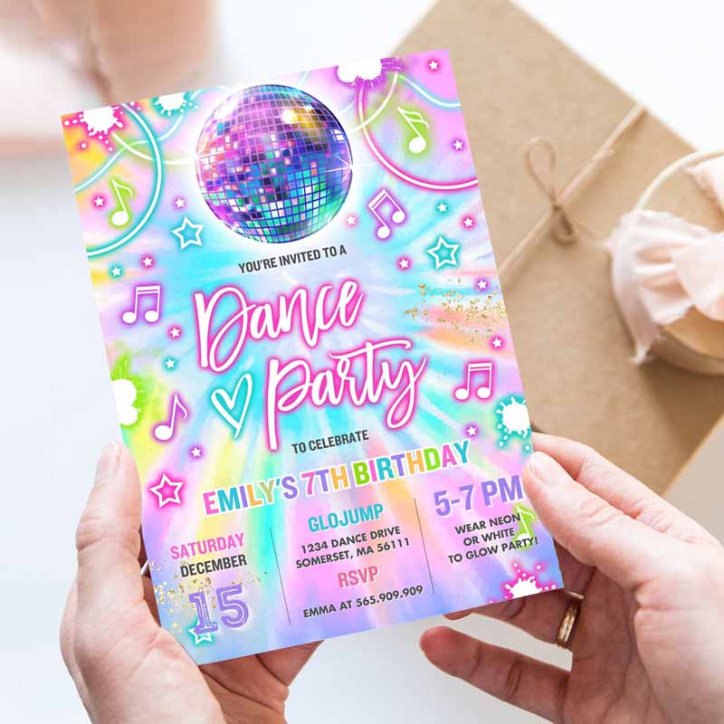 Dance Party Invitation, Tie Dye Dance Party Invitation, Glow Tie Dye Dance Party, Neon Glow Disco Dance Party