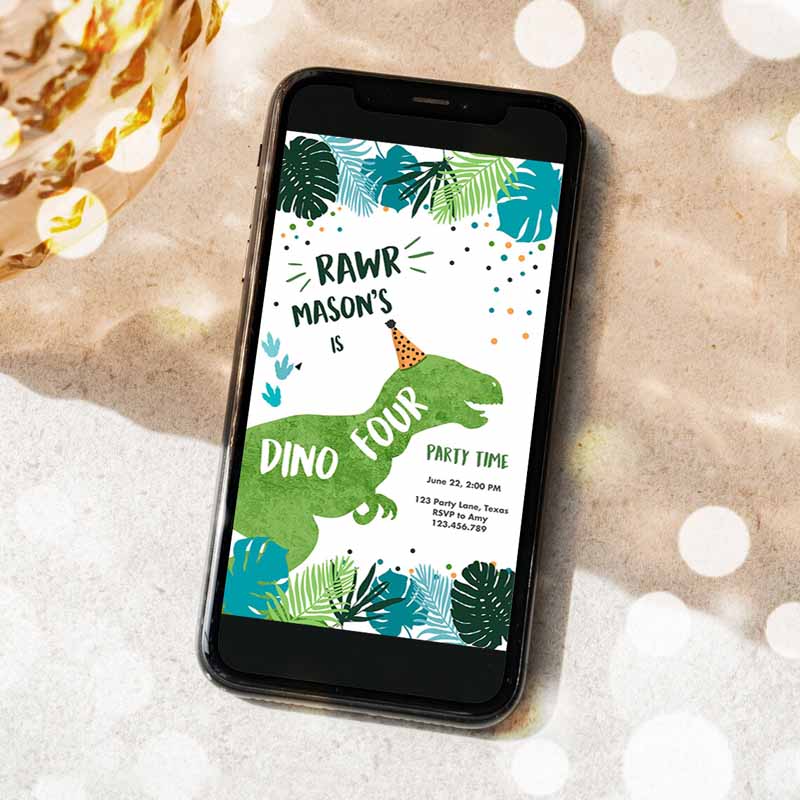 Dino-Four Dinosaur Kids Birthday, Evite Dino T-Rex Kids Birthday Invitation, Fourth Boy Green Prehistoric Phone Digital