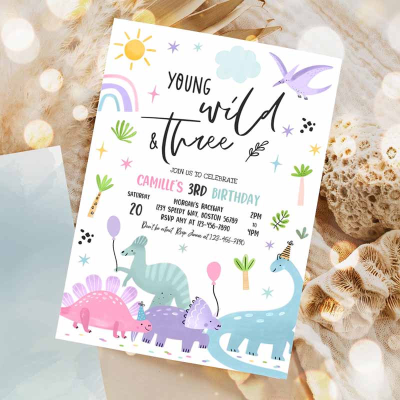 Dinosaur Kids Birthday Invitation, Dinosaur Young Wild and Three Kids Birthday Party, Jurassic T-Rex Kids Birthday Party