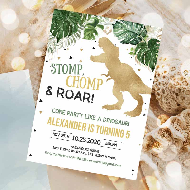 Dinosaur Kids Birthday Invitation, Gold Dinosaur Dino T-Rex Kids Birthday, Digital