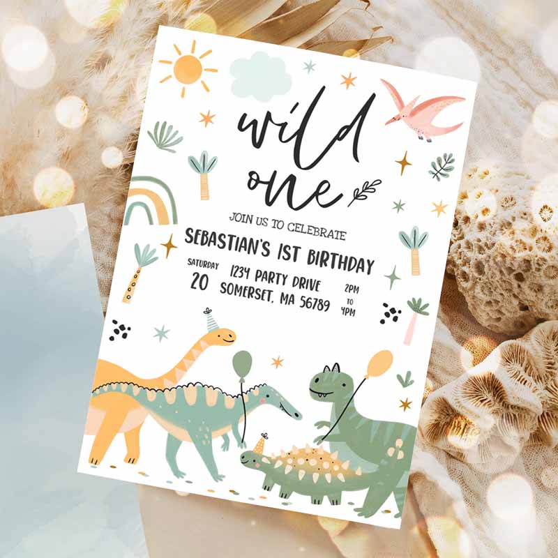 Dinosaur Kids Birthday, Dinosaur Wild One Kids Birthday Party, Invite Jurassic T-Rex Kids Birthday