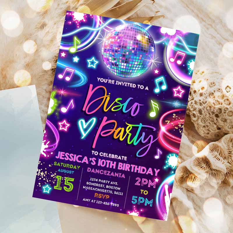 Disco Party Invitation, Neon Glow Disco Dance Invitation, Neon Glow Disco Party, Neon Disco Dance Party