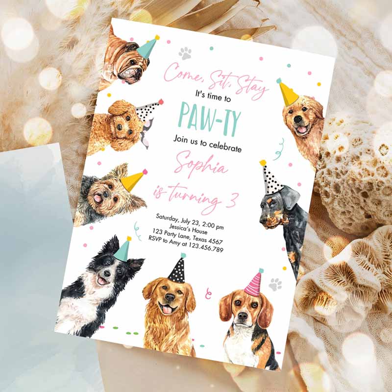 Dog Kids Birthday, Puppy Kids Birthday, Invite Pink Girl Doggy Shelter Animal Pet Party Invitation