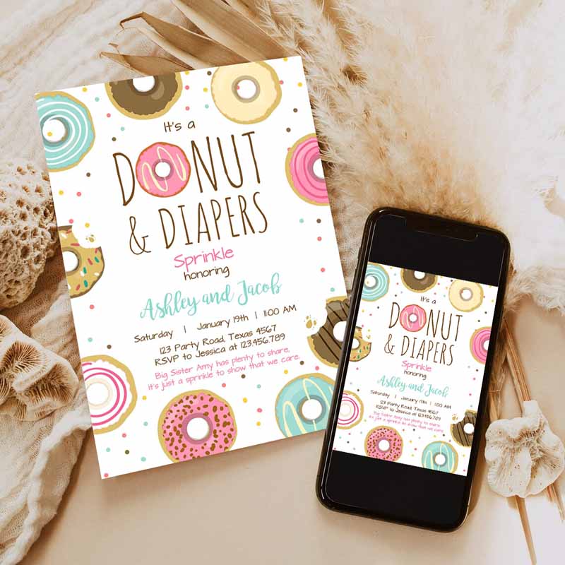 Donut and Diapers Sprinkle Invitation, Sprinkled With Love Coed Shower Pink Girl Printable