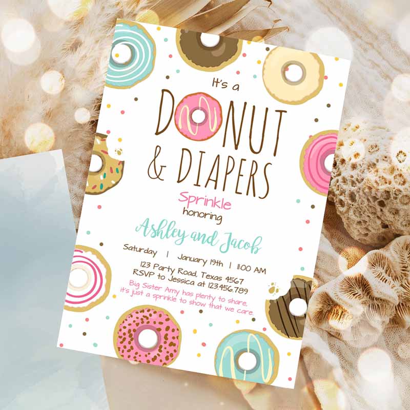 Donut and Diapers Sprinkle Invitation, Sprinkled With Love Coed Shower Pink Girl Printable