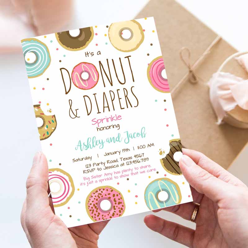 Donut and Diapers Sprinkle Invitation, Sprinkled With Love Coed Shower Pink Girl Printable