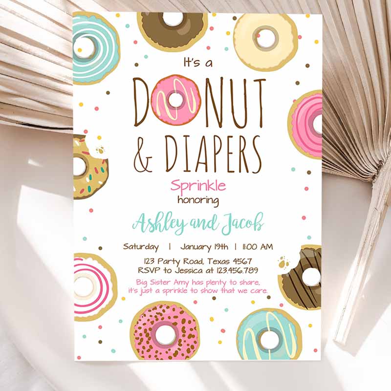 Donut and Diapers Sprinkle Invitation, Sprinkled With Love Coed Shower Pink Girl Printable