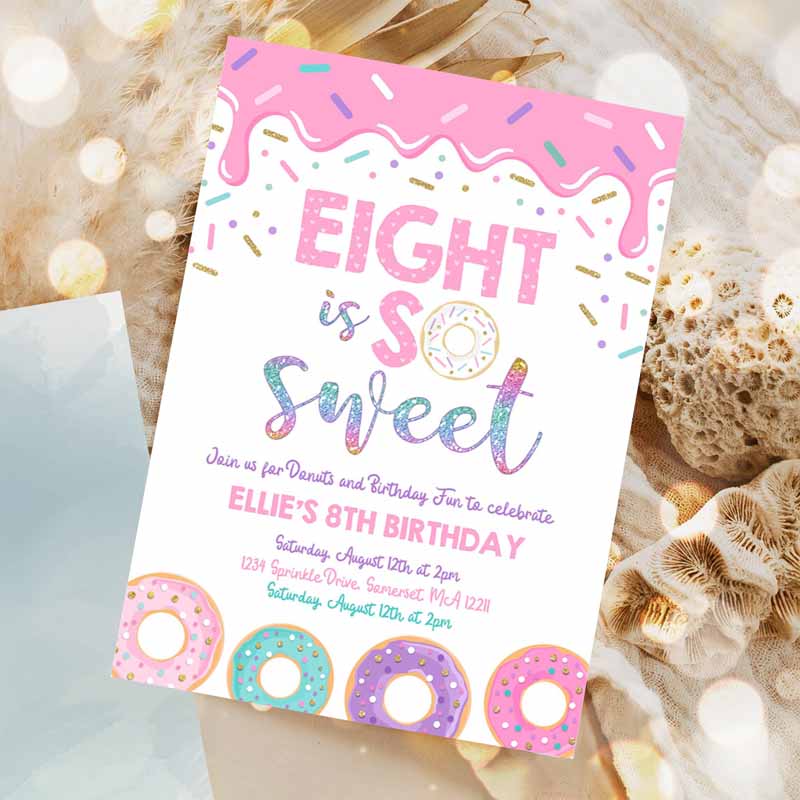 Donut Eight Is Sweet Kids Birthday Invitation, Girl Donut Kids Birthday Party, Pink Donut Kids Birthday, Part Invitation