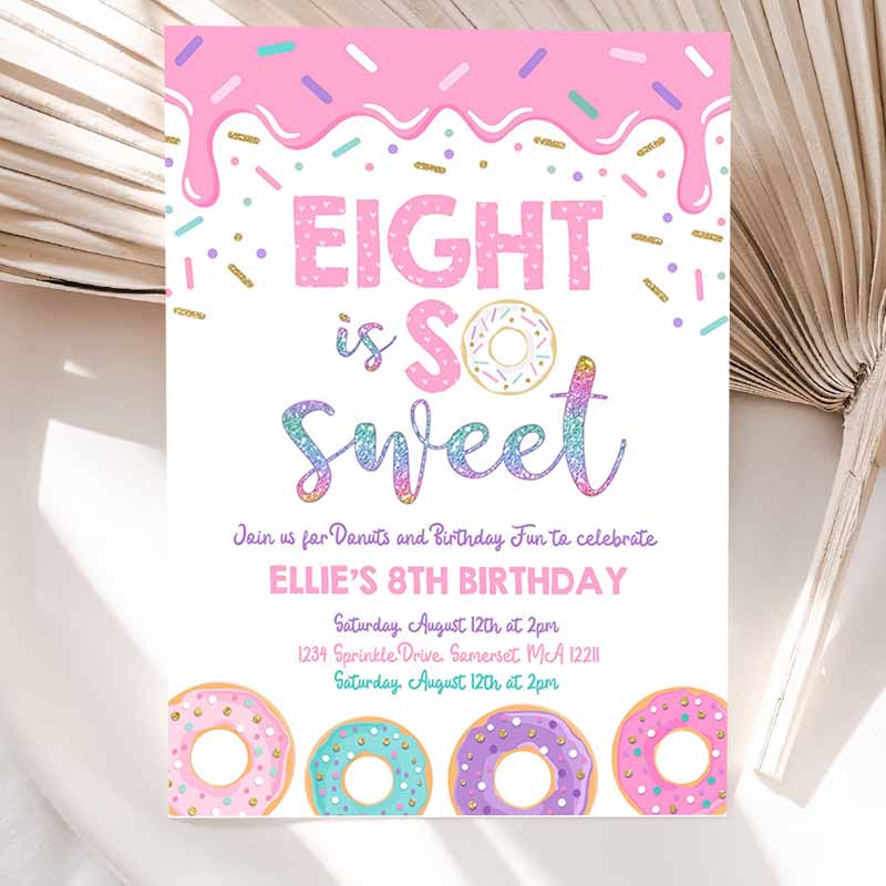 Donut Eight Is Sweet Kids Birthday Invitation, Girl Donut Kids Birthday Party, Pink Donut Kids Birthday, Part