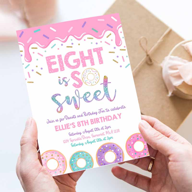 Donut Eight Is Sweet Kids Birthday Invitation, Girl Donut Kids Birthday Party, Pink Donut Kids Birthday, Part