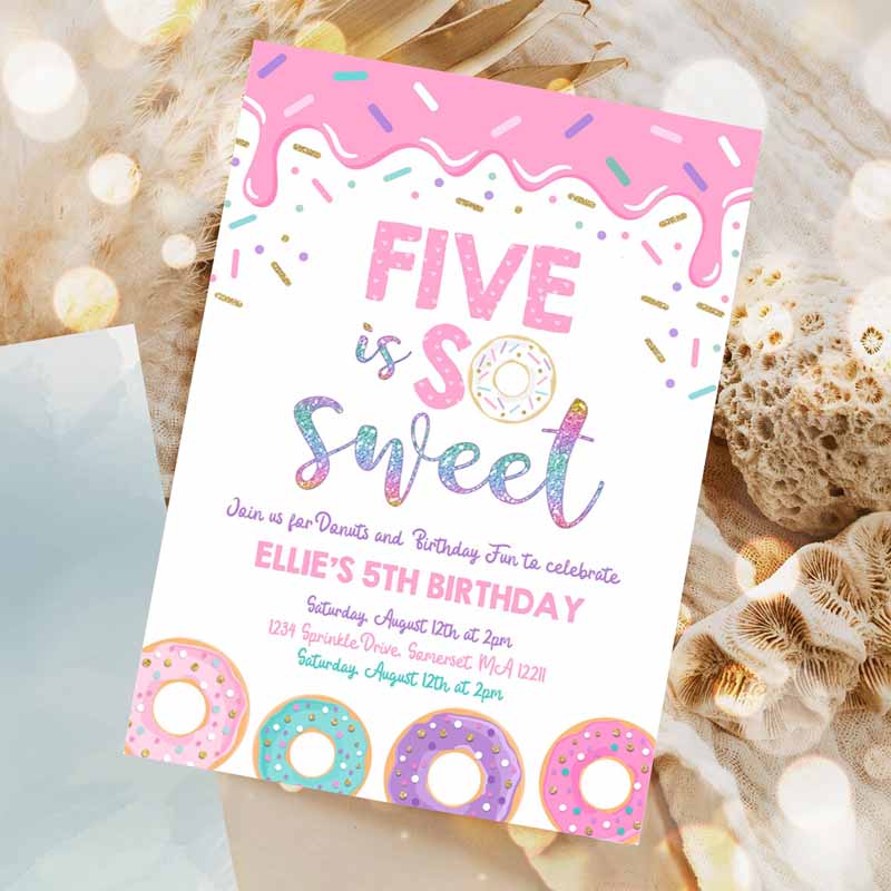 Donut Five Is Sweet Kids Birthday Invitation, Girl Donut Kids Birthday Party, Pink Donut Kids Birthday