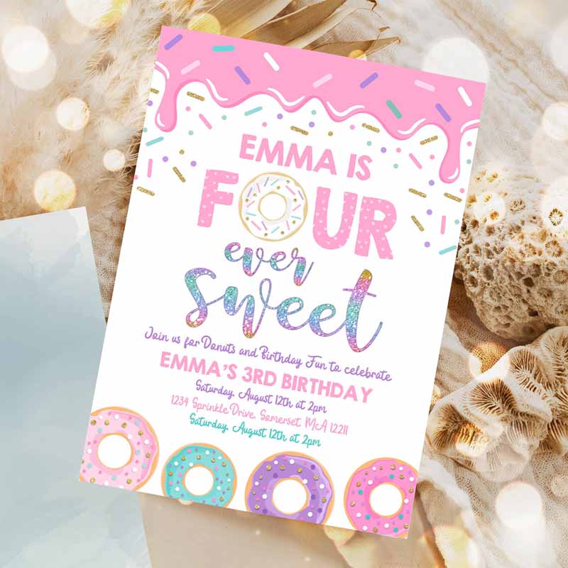 Donut Four Ever Sweet Kids Birthday Invitation, Girl Donut Kids Birthday Party, Pink Donut Kids Birthday