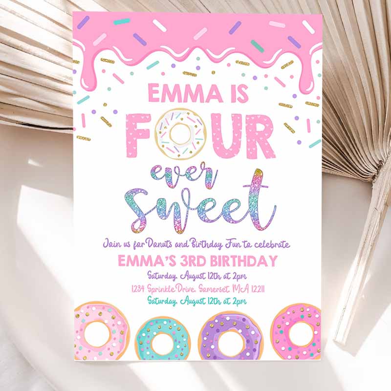 Donut Four Ever Sweet Kids Birthday Invitation, Girl Donut Kids Birthday Party, Pink Donut Kids Birthday Party