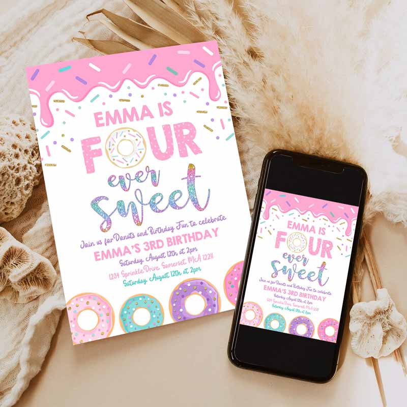 Donut Four Ever Sweet Kids Birthday Invitation, Girl Donut Kids Birthday Party, Pink Donut Kids Birthday Party