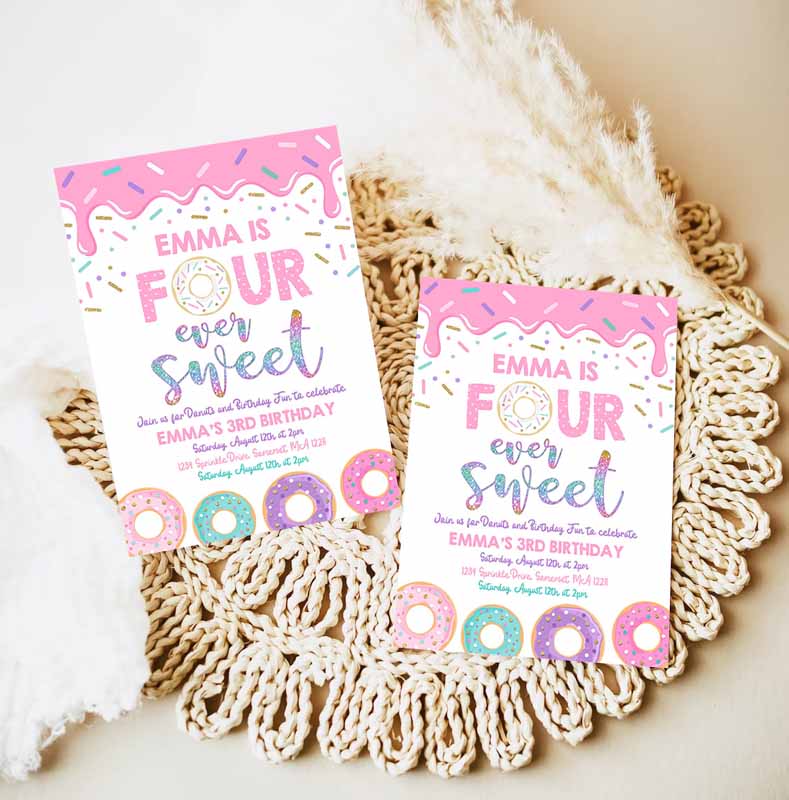 Donut Four Ever Sweet Kids Birthday Invitation, Girl Donut Kids Birthday Party, Pink Donut Kids Birthday Party