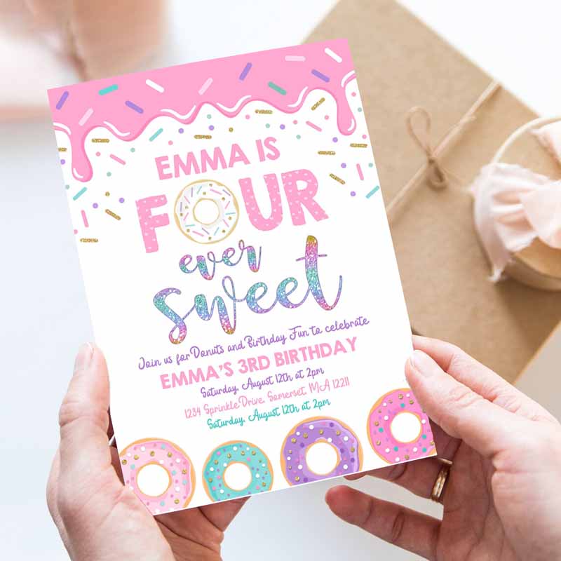 Donut Four Ever Sweet Kids Birthday Invitation, Girl Donut Kids Birthday Party, Pink Donut Kids Birthday Party