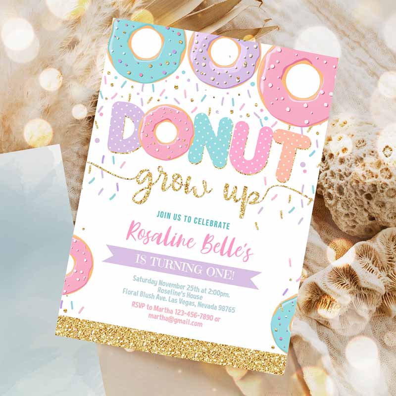 Donut Grow Up Kids Birthday Invitation, Donut Grown Up Invite Donut Kids Birthday, Doughnut Girl