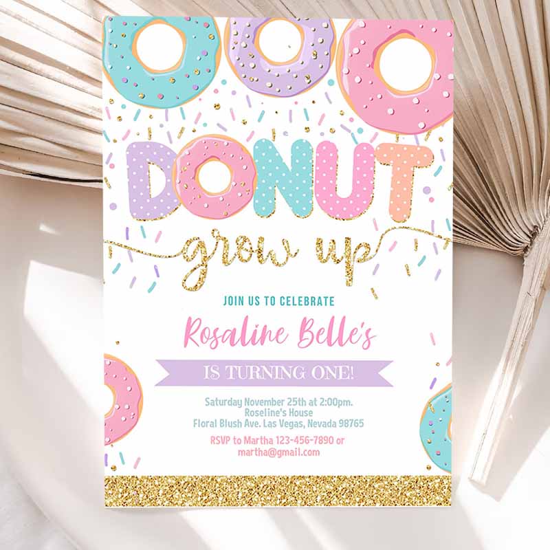 Donut Grow Up Kids Birthday Invitation, Donut Grown Up Invite Donut Kids Birthday, Doughnut Girl