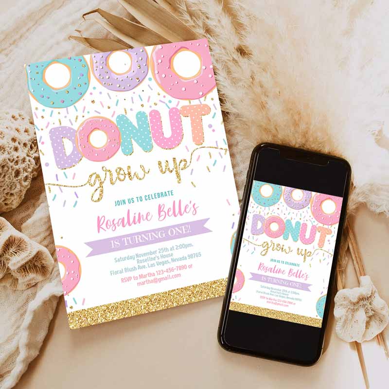 Donut Grow Up Kids Birthday Invitation, Donut Grown Up Invite Donut Kids Birthday, Doughnut Girl