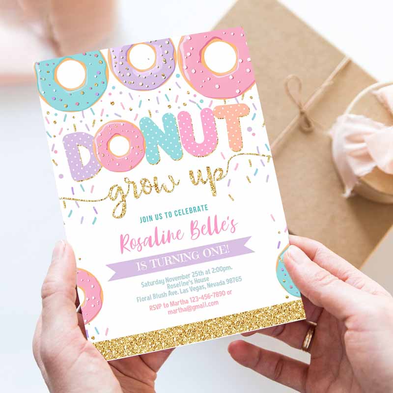 Donut Grow Up Kids Birthday Invitation, Donut Grown Up Invite Donut Kids Birthday, Doughnut Girl