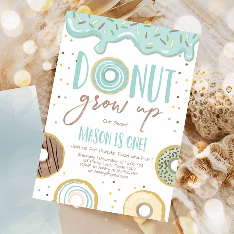 Donut Grow Up Kids Birthday Invitation, First Kids Birthday Party, Blue Boy Doughnut Pastel