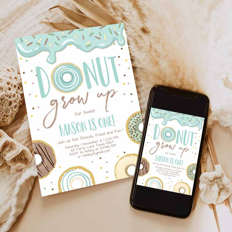 Donut Grow Up Kids Birthday Invitation, First Kids Birthday Party, Blue Boy Doughnut Pastel