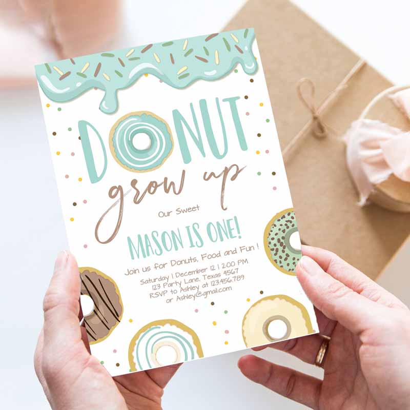 Donut Grow Up Kids Birthday Invitation, First Kids Birthday Party, Blue Boy Doughnut Pastel