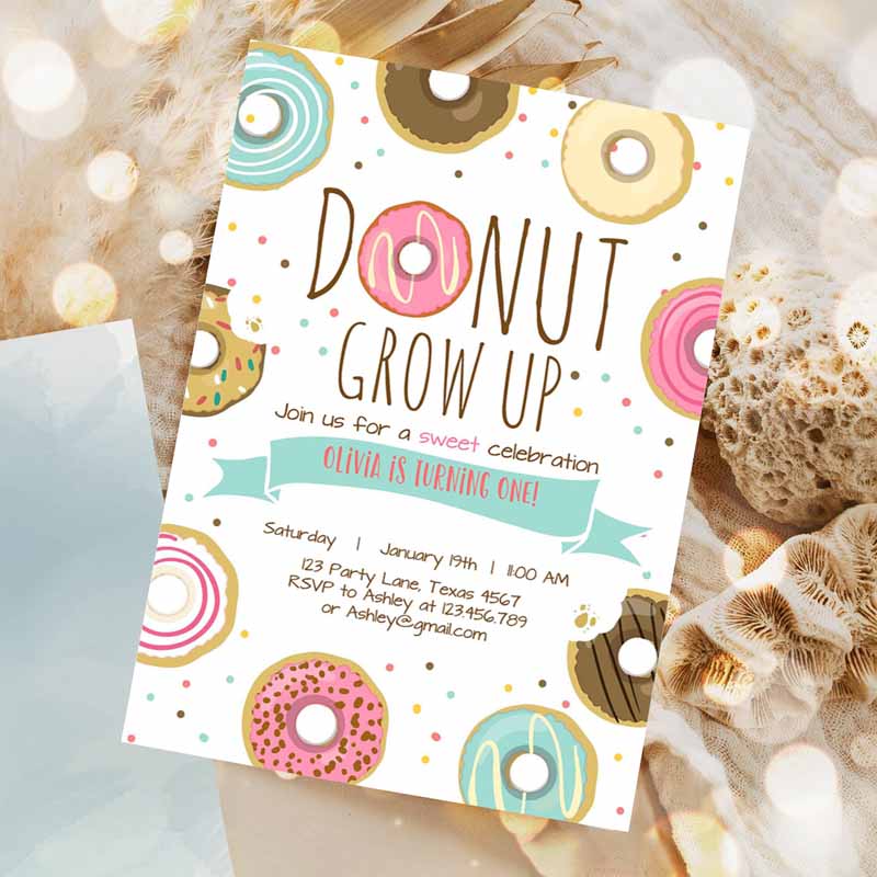 Donut Grow Up Kids Birthday Invitation, First Kids Birthday Party, Pink Girl Doughnut Sweet