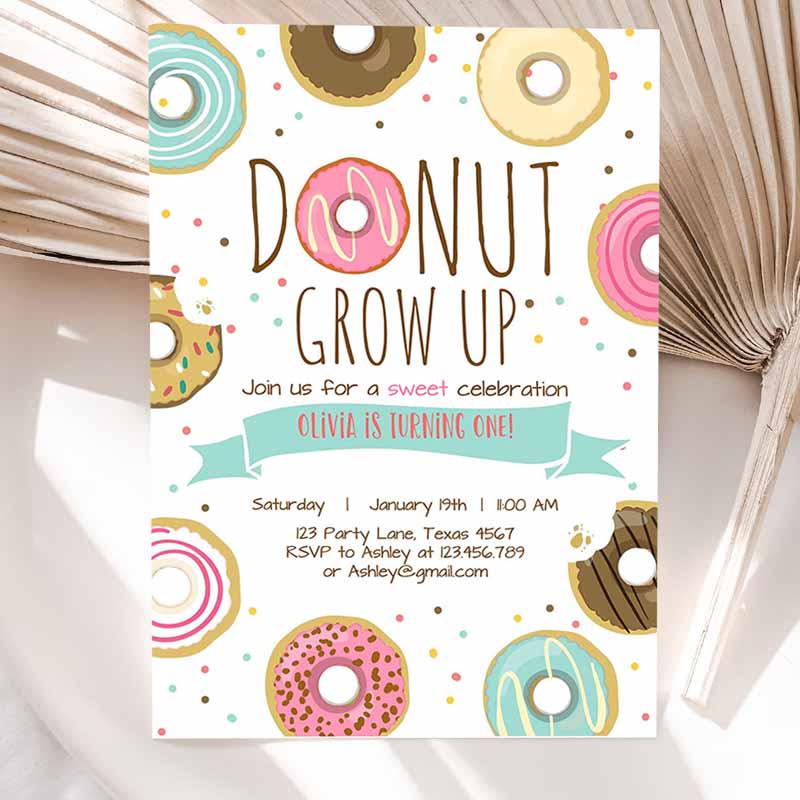 Donut Grow Up Kids Birthday Invitation, First Kids Birthday Party, Pink Girl Doughnut Sweet